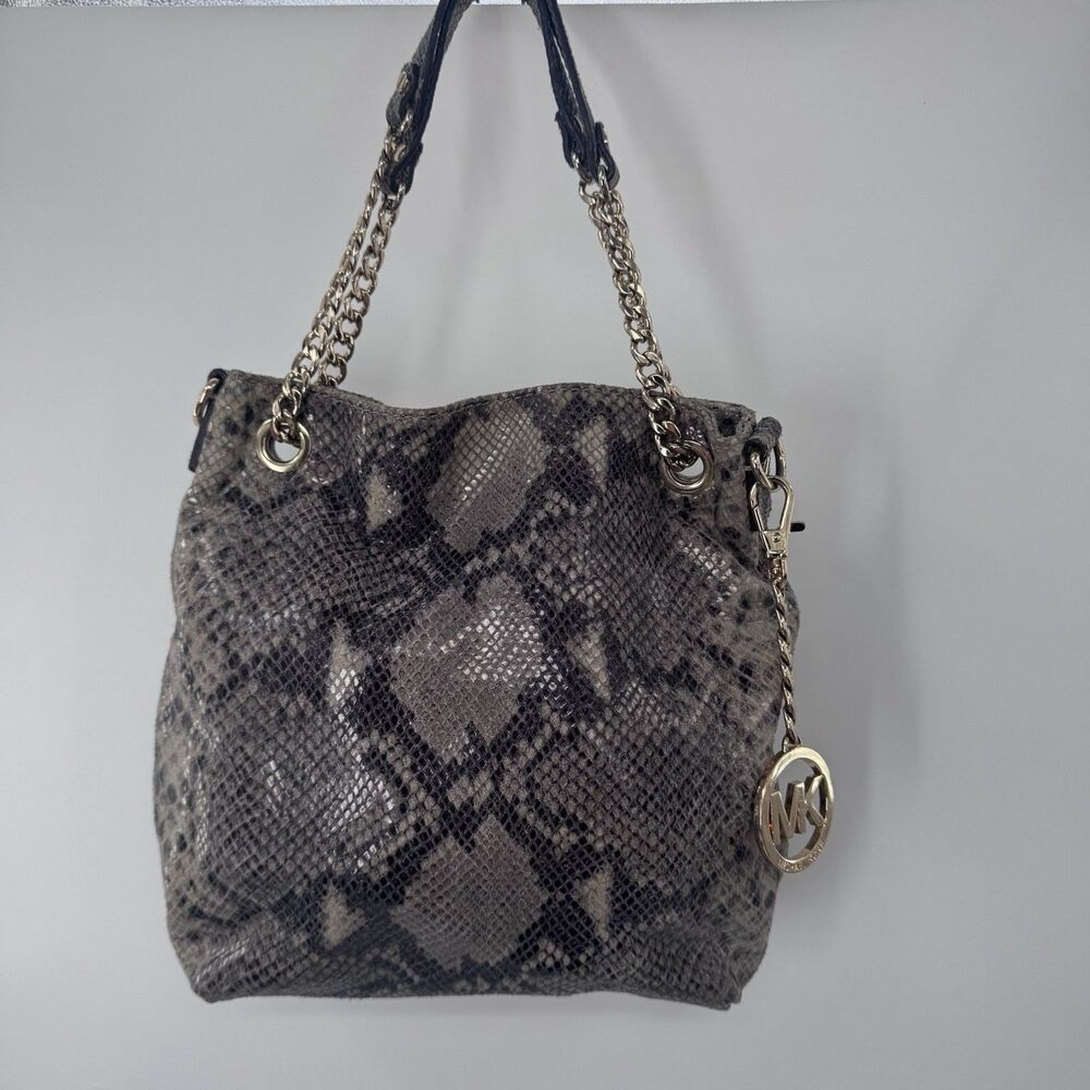 MICHAEL KORS JET SET Gray Python Leather North South Chain Hobo Fast Shipping